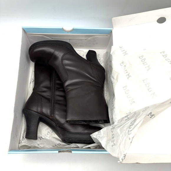 Vintage 00s Y2K Mudd 'CHARLOT' Brown Faux Leather Block Heel Mid Calf Boots 9M - Picture 15 of 16
